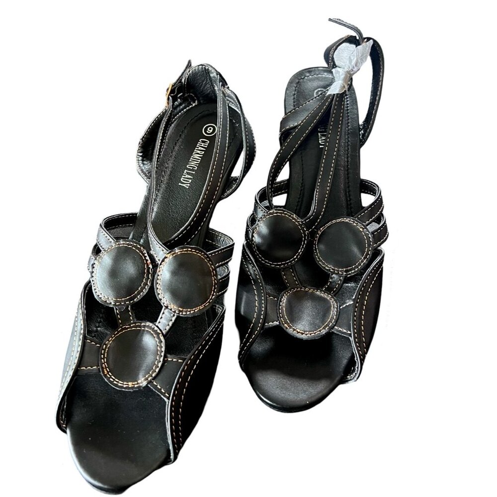 Charming Lady | Low Heel | Black Faux Leather Sandals | Semi-Wedge | Size 9